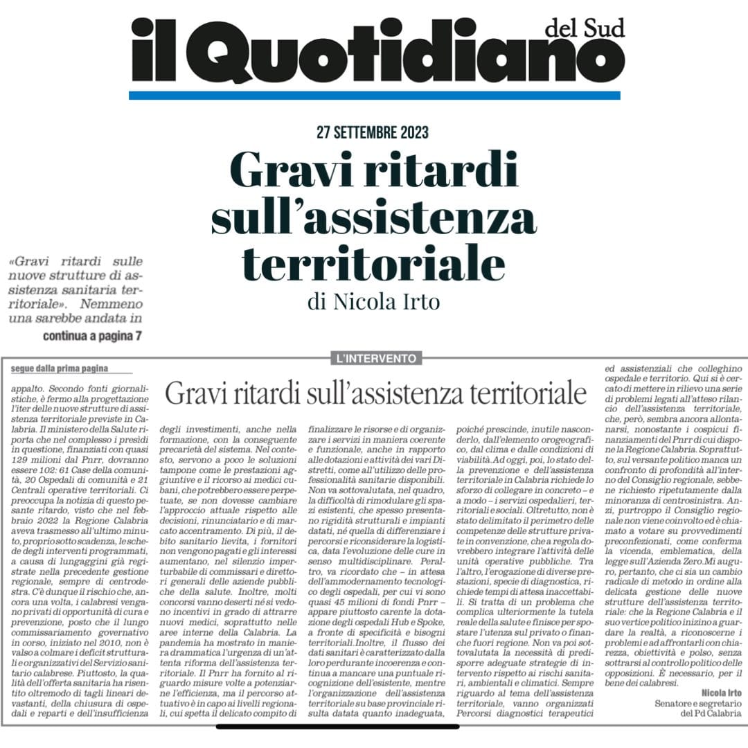 Gravi ritardi sull'assistenza territoriale. Il Quotidiano del Sud del 27 settembre 2023