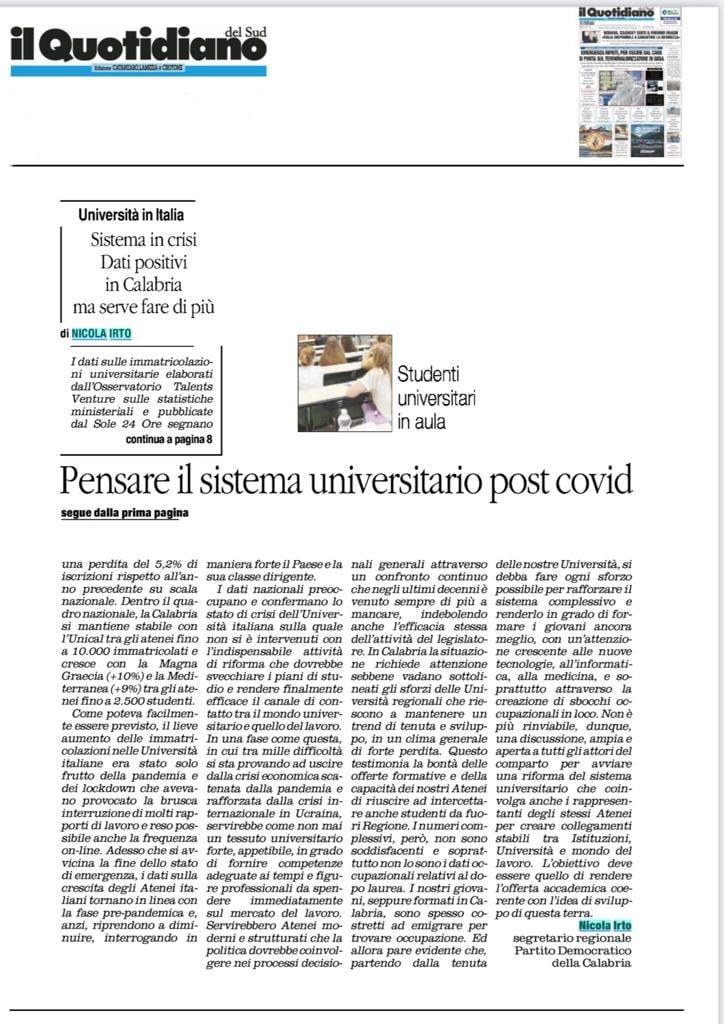 Pensare il sistema universitario post covid - Quotidiano del Sud del 29 marzo 2022